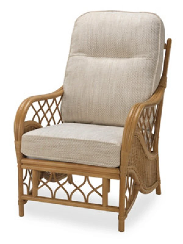 Image of Desser Oslo Light Oak Natural Rattan Conservatory Armchair Real Cane Indoor Chair With UK Sewn Cushion In Jasper Fabric