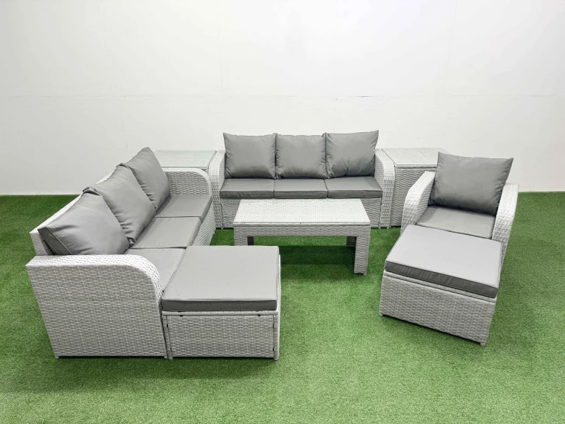 Image of Fimous 9 Seater Poly Rattan Outdoor Garden Furniture Oblong Coffee Table Sofa Set Patio 3 Seater Sofa Reclining Chair 3 Seater Sofa 2 Big Footstools 2
