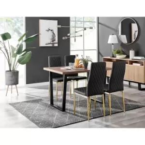Image of Furniture Box Kylo Brown Wood Effect Dining Table and 4 Black Milan Gold Leg Chairs