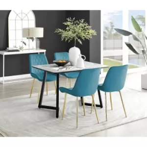 Image of Furniturebox Carson White Marble Effect Recatngular 120cm Dining Table & 4 Blue Pesaro Gold Leg Velvet Chairs