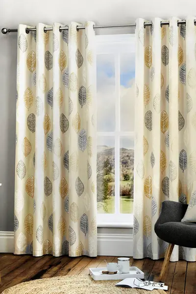 Image of Fusion 'Skandi Leaf' 100% Cotton Botanical Print Pair of Eyelet Curtains Mustard