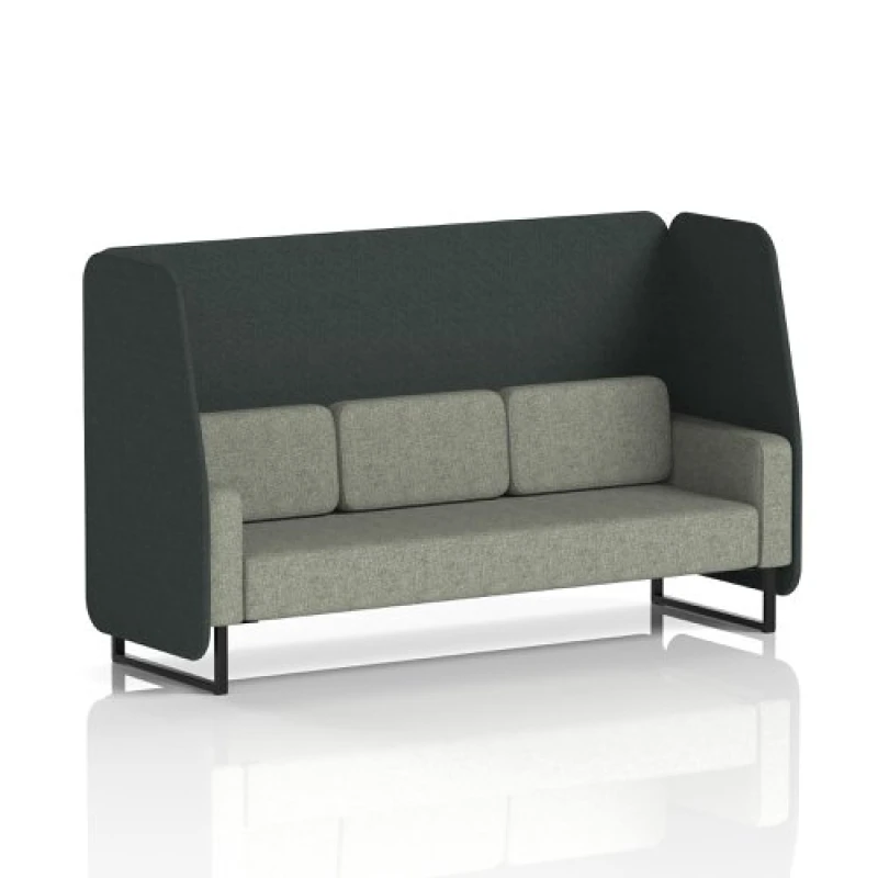 Image of Brixworth 3 Seater Open Office Booth with Black Legs in Rivet Fabric - Charcoal Panels and Vitreous Sofa