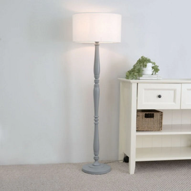 Image of ValueLights Victoria Grey Wood Traditional Stem Floor Lamp with Fabric Drum Shade & LED Bulb White