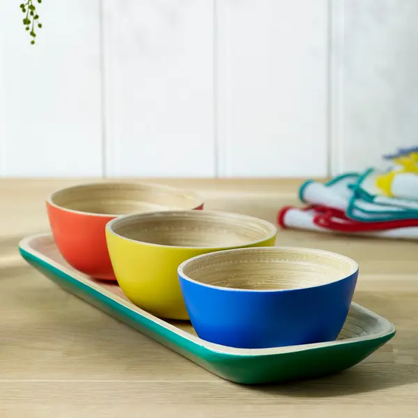 Image of Colour Me Happy Bamboo Tray and Set of 4 Dipping Bowls Green
