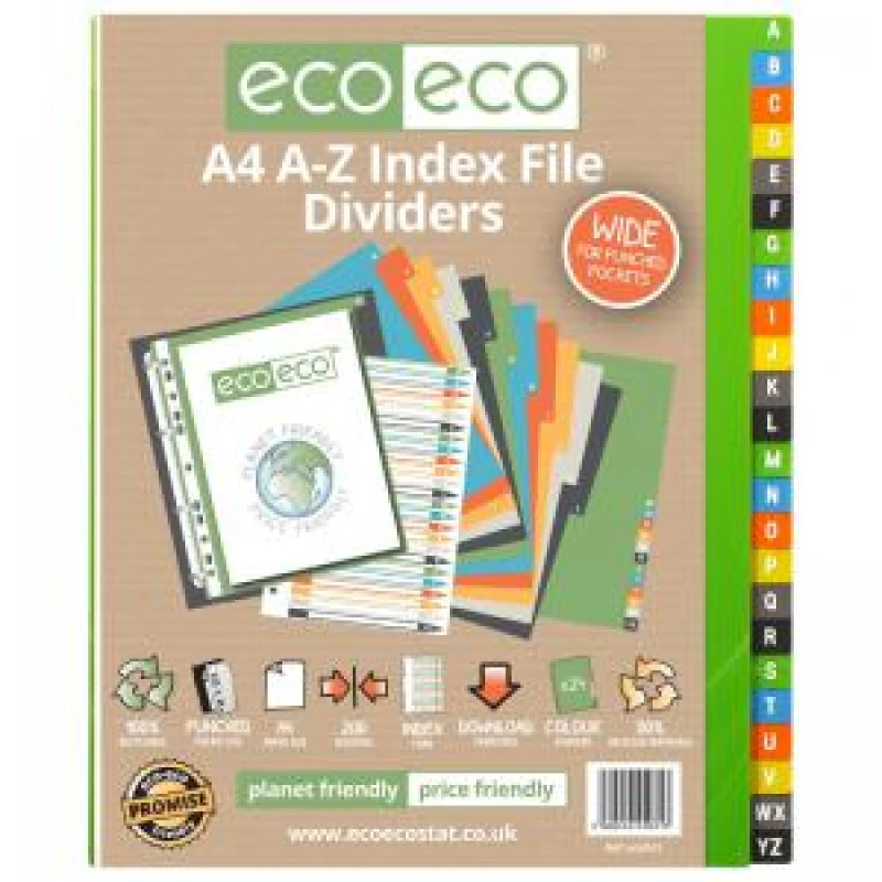Image of Eco Eco Mutlicolour 50% Recycled Wide Index Dividers A4 1-24 eco031-S