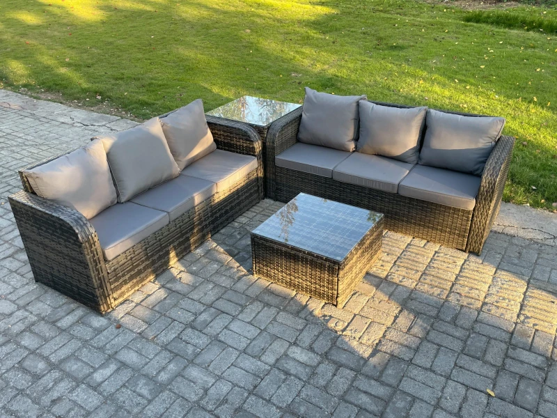 Image of Fimous Indoor Outdoor Rattan Garden Furniture 6 Seater Set Table Sofa Chair Patio Conservatory with Grey Cushions Side Table Dark Grey