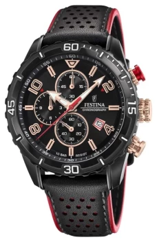 Image of Festina Mens Chronograph Black Leather Strap Black Dial Watch
