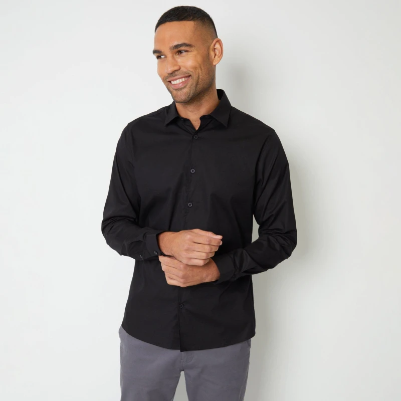 Image of Threadbare 'Wymott' Cotton Long Sleeve Shirt With Stretch Black