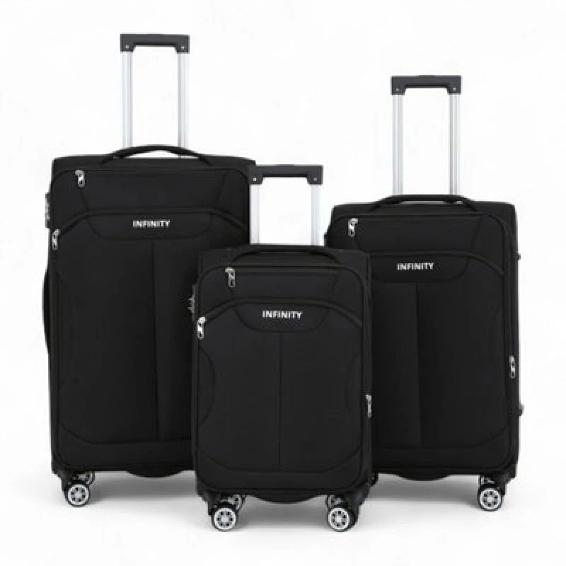 Image of Infinity Leather Soft Shell Suitcase 8 Wheel Luggage Set Travel TSA Light Carry On Cabin Bag in Black Unisex