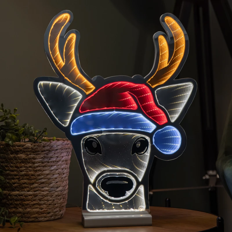 Image of 40cm Light up Christmas Deer Head in Santa Hat Infinity Decoration with LEDs