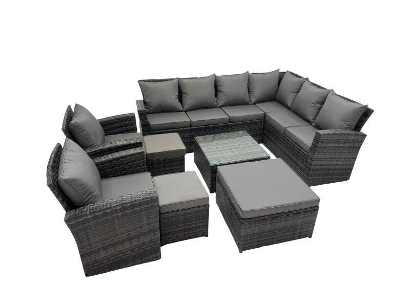 Image of Fimous 11 Seater Garden Sofa Coffee Table Set with 2 Chairs 3 Footstools in Dark Grey Dark Grey Unisex