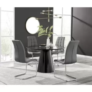 Image of Furniturebox Palma Black Semi Gloss 120cm Round Minimalist Dining Table & 4 Grey Murano Chairs