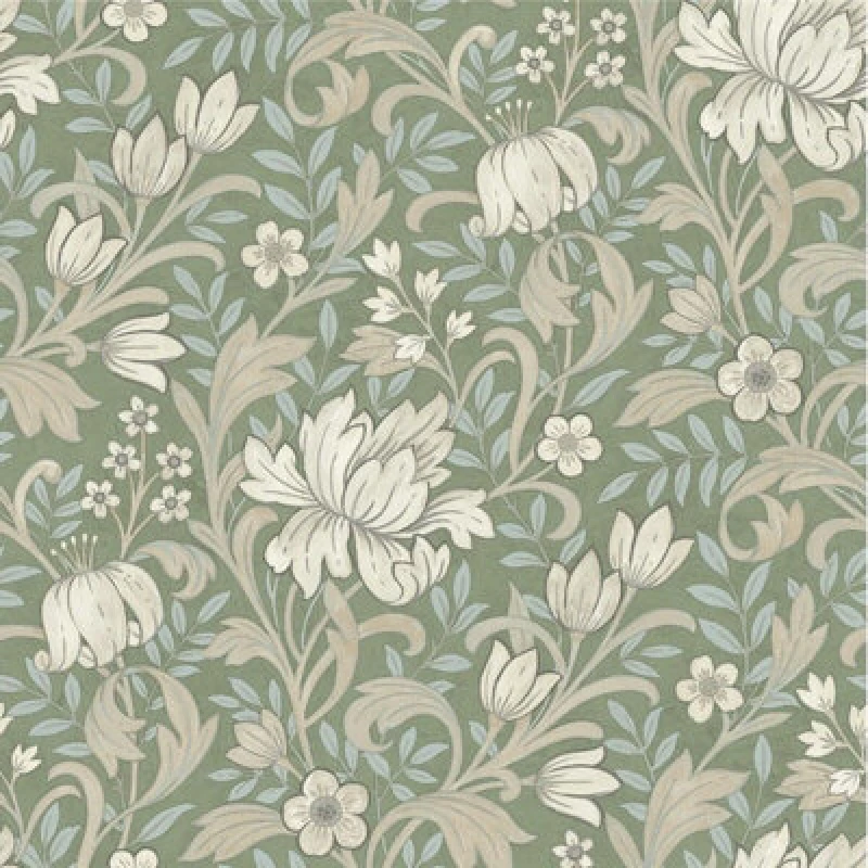 Image of GRANDECO Sage Green Floral Wallpaper Light Blue Leafs Beige Flowers Smooth Matte Grandeco WL-A67102