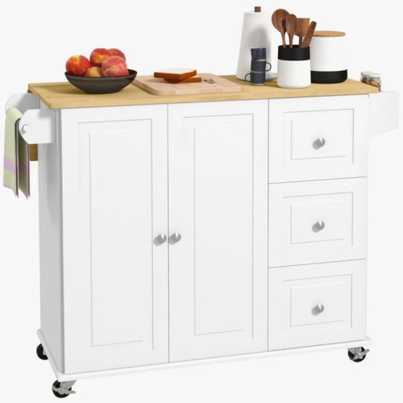 Image of HOMCOM HOMCOM Kitchen Island on Wheels, Kitchen Cart with Drop Leaf, White White One Size Unisex 5063603021631