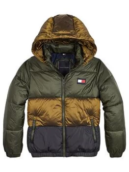 Image of Tommy Hilfiger Boys Padded Colorblock Jacket - Dark Olive, Dark Olive, Size Age: 14 Years