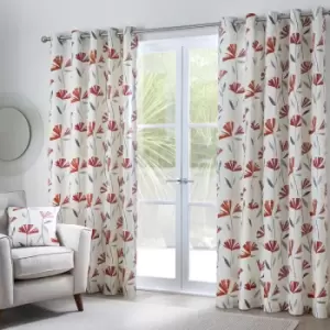 Image of Dacey Contemporary Floral Print 100% Cotton Eyelet Lined Curtains, Red, 66 x 54" - Fusion