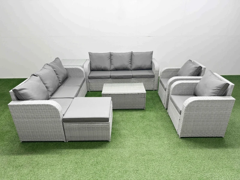 Image of Fimous PE Rattan High Back Lounge Sofa Set Patio Coffee Table & Chairs Set with 3 Seater Sofa Reclining Chair Big Footstool Side Table Light Grey Ligh