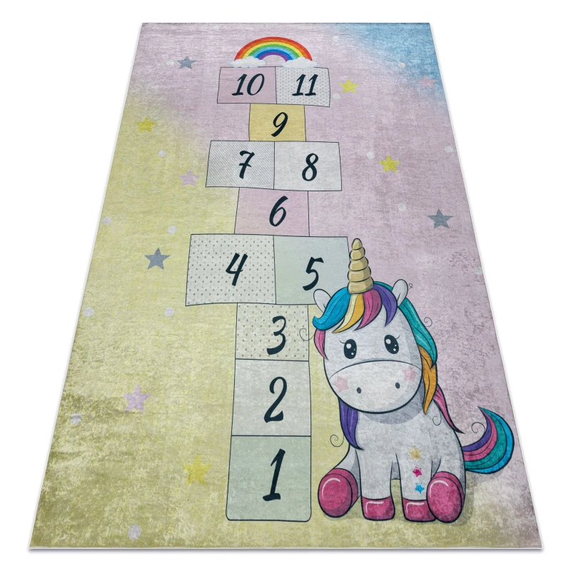 Image of RugsX Bambino 54060 Washing Carpet Unicorn, Hopscotch For Children Anti Slip - Pink / Ye 120X170 Cm