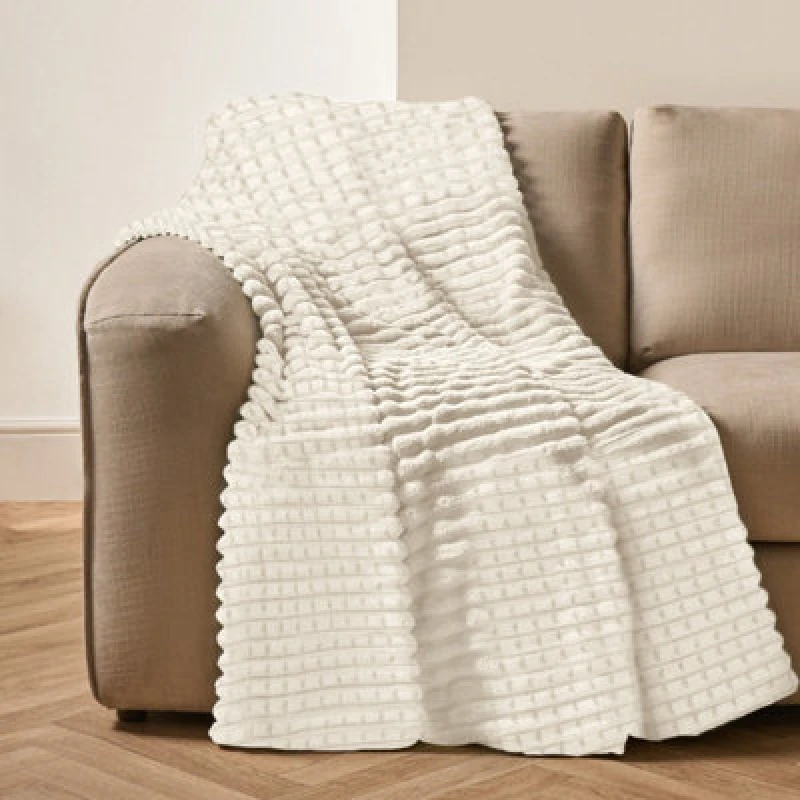 Image of Velosso Elegant Waffle Style Ribbed Thermal Plush Throw - Cosy Winter Embossed Fur Blanket For Sofa, Bed - 200Cm X 240Cm - Ivory