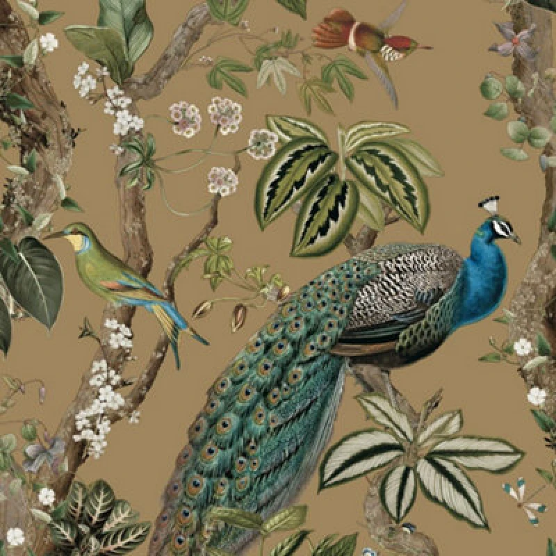 Image of HOLDEN DECOR Peacock Woods Gold Wallpaper Floral Naturistic Feature Wall - Holden Decor WL-13683
