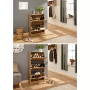 Image of Stirling Slim 2 Tier Wood Storage Unit Shoe Rack Cabinet - Oak
