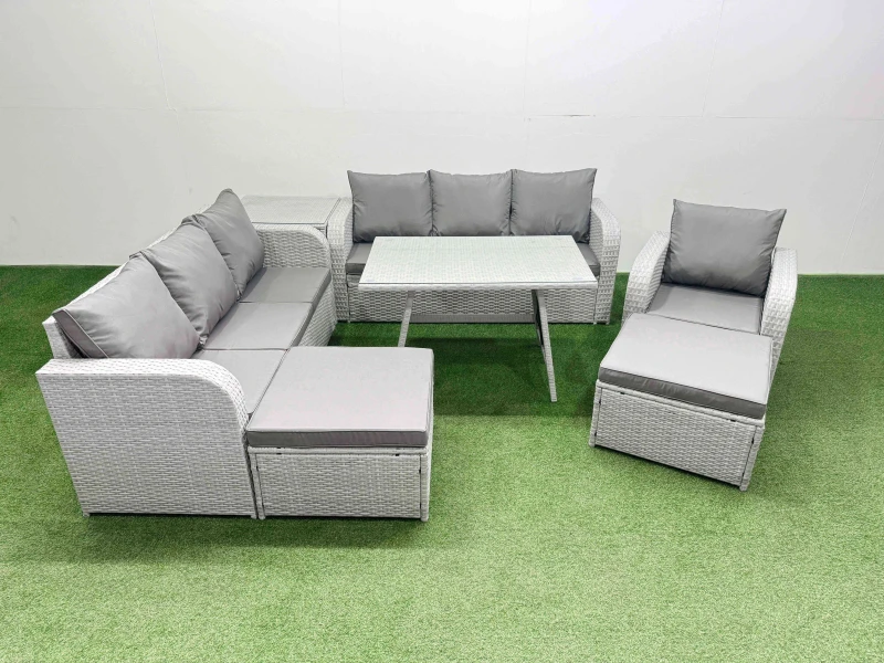 Image of Fimous 7 Pieces Outdoor PE Rattan Garden Furniture with Side Table Big Stools in Light Grey Light Grey Unisex