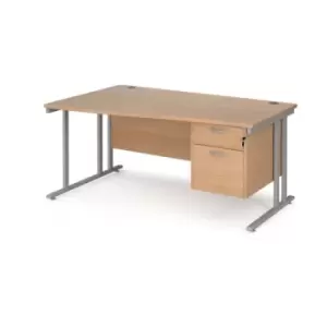 Image of Office Desk Left Hand Wave Desk 1600mm With Pedestal Beech Top With Silver Frame Maestro 25 MC16WLP2SB