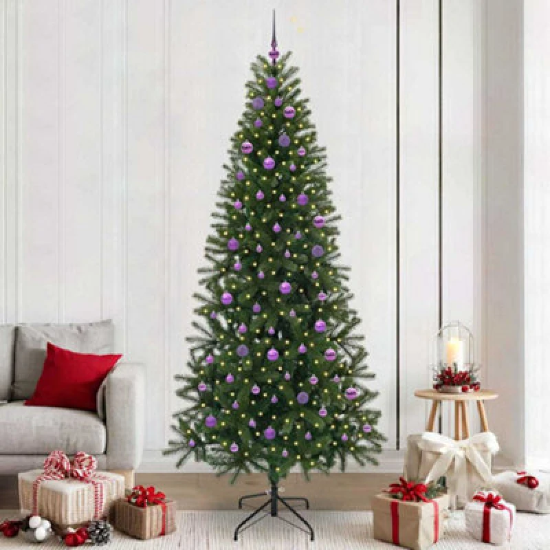 Image of vidaXL Artificial Christmas Tree with 300 LEDs, Lilac Balls Green 240 x 115cm PE and PVC, Green 3397386