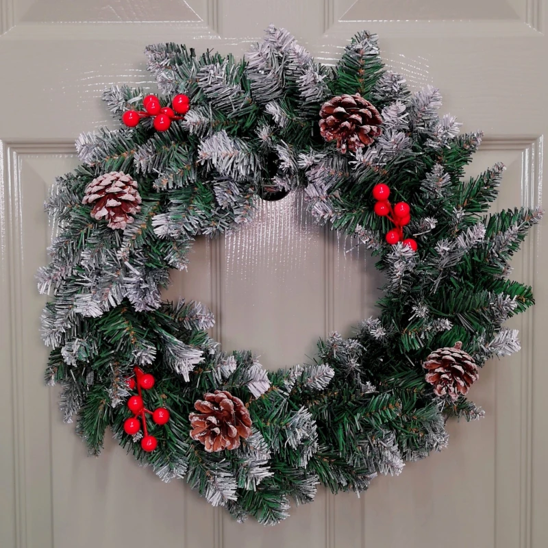 Image of 45cm Snow Tipped Green Wreath Christmas Decoration with 125 Tips, Pine Cones and Berries