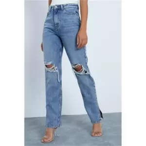 Image of I Saw It First Mid Wash Bust Knee Split Hem Jeans - Blue
