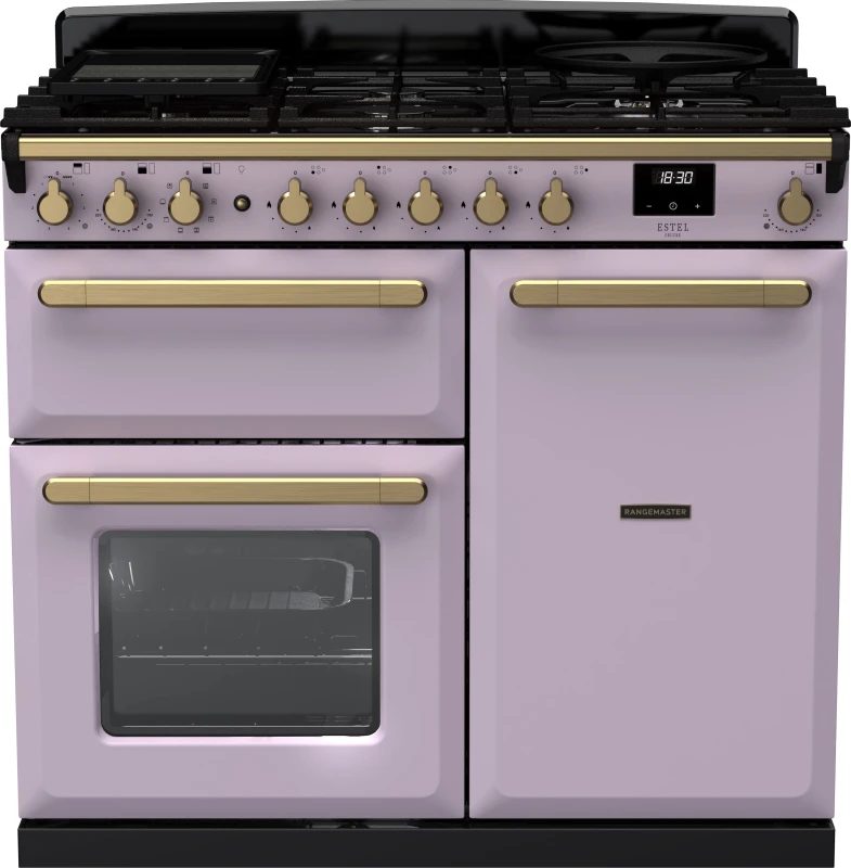 Image of Rangemaster Estel Deluxe ESDL100DFPHTH/AB1 100cm wide Dual Fuel Range Cooker with Gas Hob - Heather / Antique Brass - A/A Rated