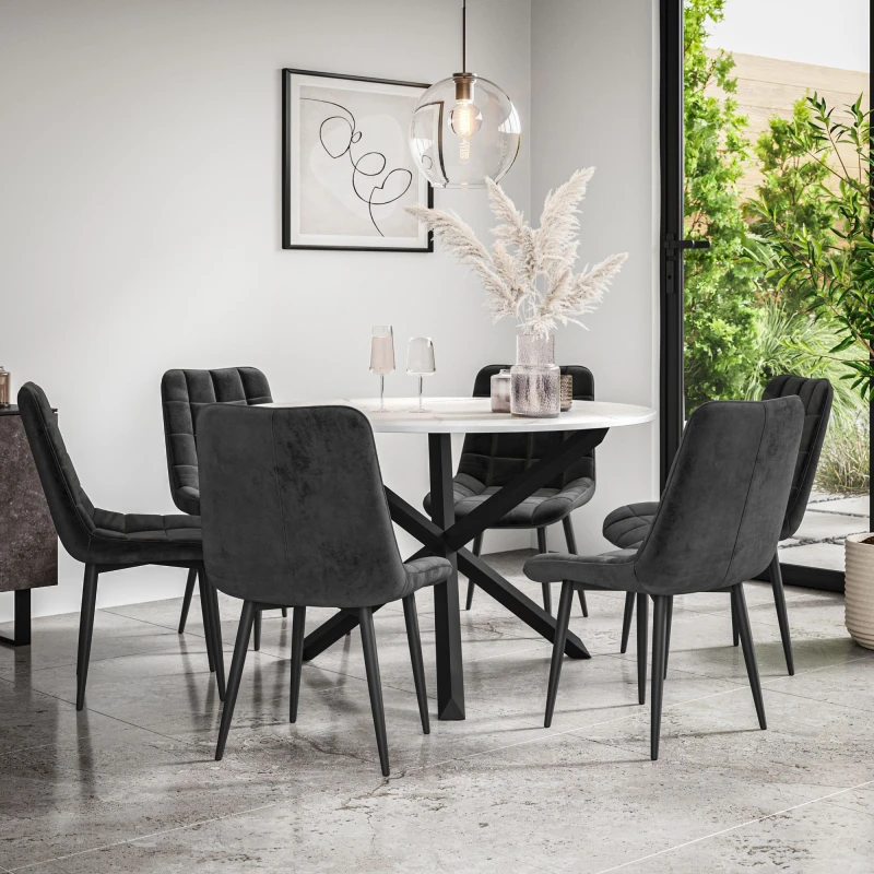 Image of More4Homes Malvern Round Dining Table And Chairs - Marble Table Top W Solid Black Oak Legs + Nova Velvet Dining Chair Set Of 6 (Black)