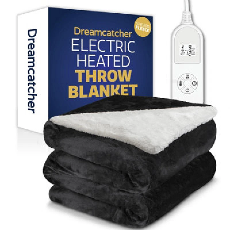 Image of Dreamcatcher Sherpa Fleece Electric Heated Throw Over Blanket Double Polyester 160Cm X 120Cm Black
