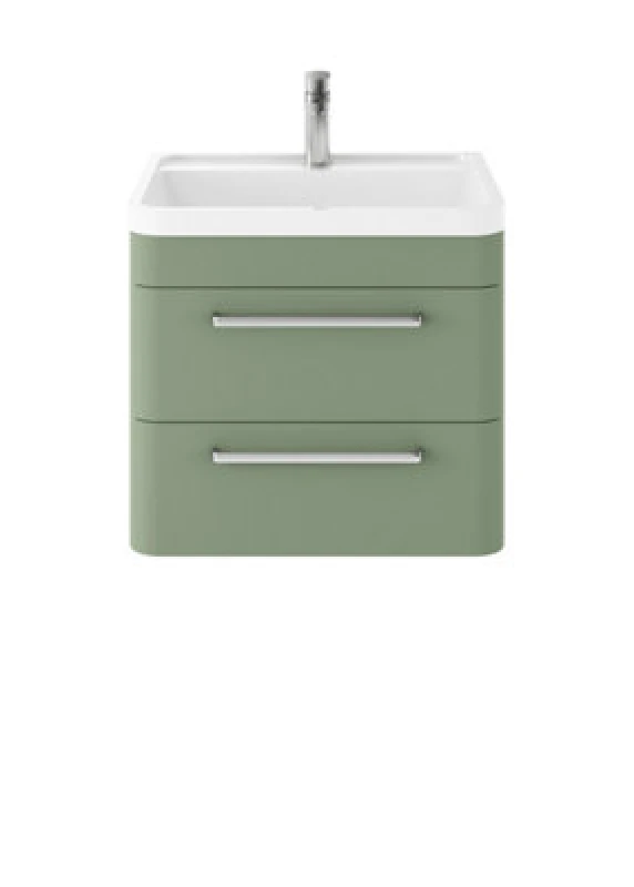 Image of Nuie Hudson Reed Solar Wall Hung Vanity Unit With Polymarble Basin, Modern 2 Drawer Bathroom Sink Vanity Unit In Fern Green, 600mm