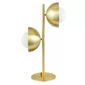 Image of 2 White Orb Globe and Brushed Brass Metal Table Lamp