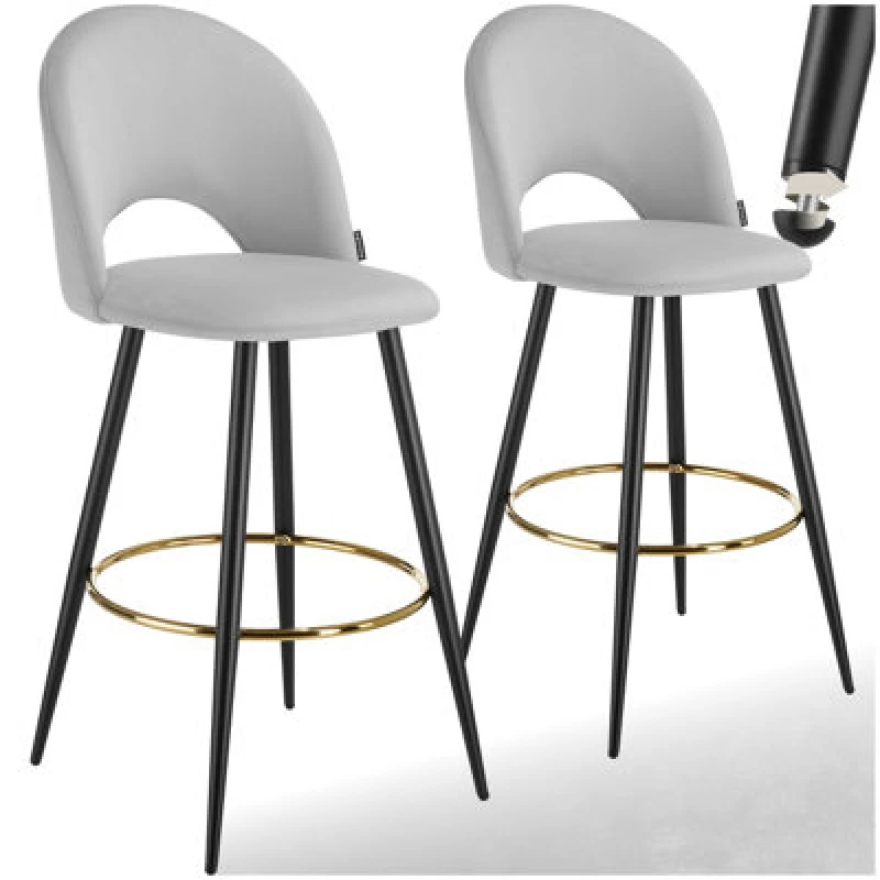 Image of Tectake Bar Stool Rachel With Backrest And Velvet Look Cover, 49 X 58 X 110 Cm - Light Grey/black, Set Of 2