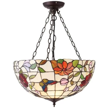 Image of Interiors 1900 Lighting - Interiors Butterfly - 3 Light Large Ceiling Pendant Bronze, Tiffany Style Glass, E27