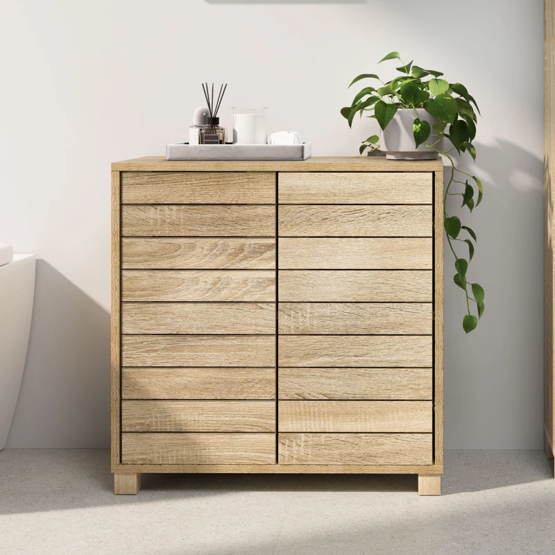 Image of VonHaus Floor Standing Oak Wood Effect Bathroom Storage Cabinet Brown