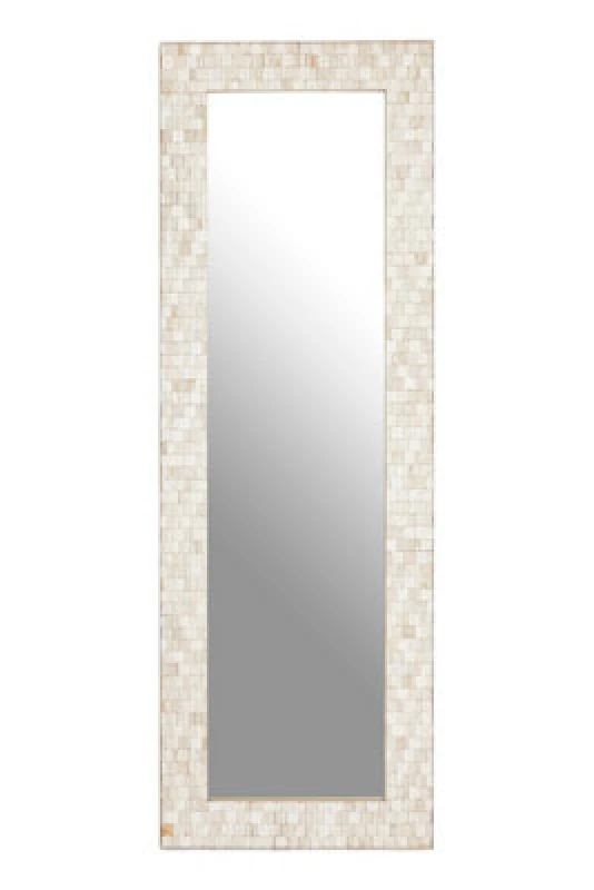Image of Orsina Boho Rectangular Wall Mirror, Whitewash Teak Wood Mosaic Frame, Subtle Accent Mirror For Living Room