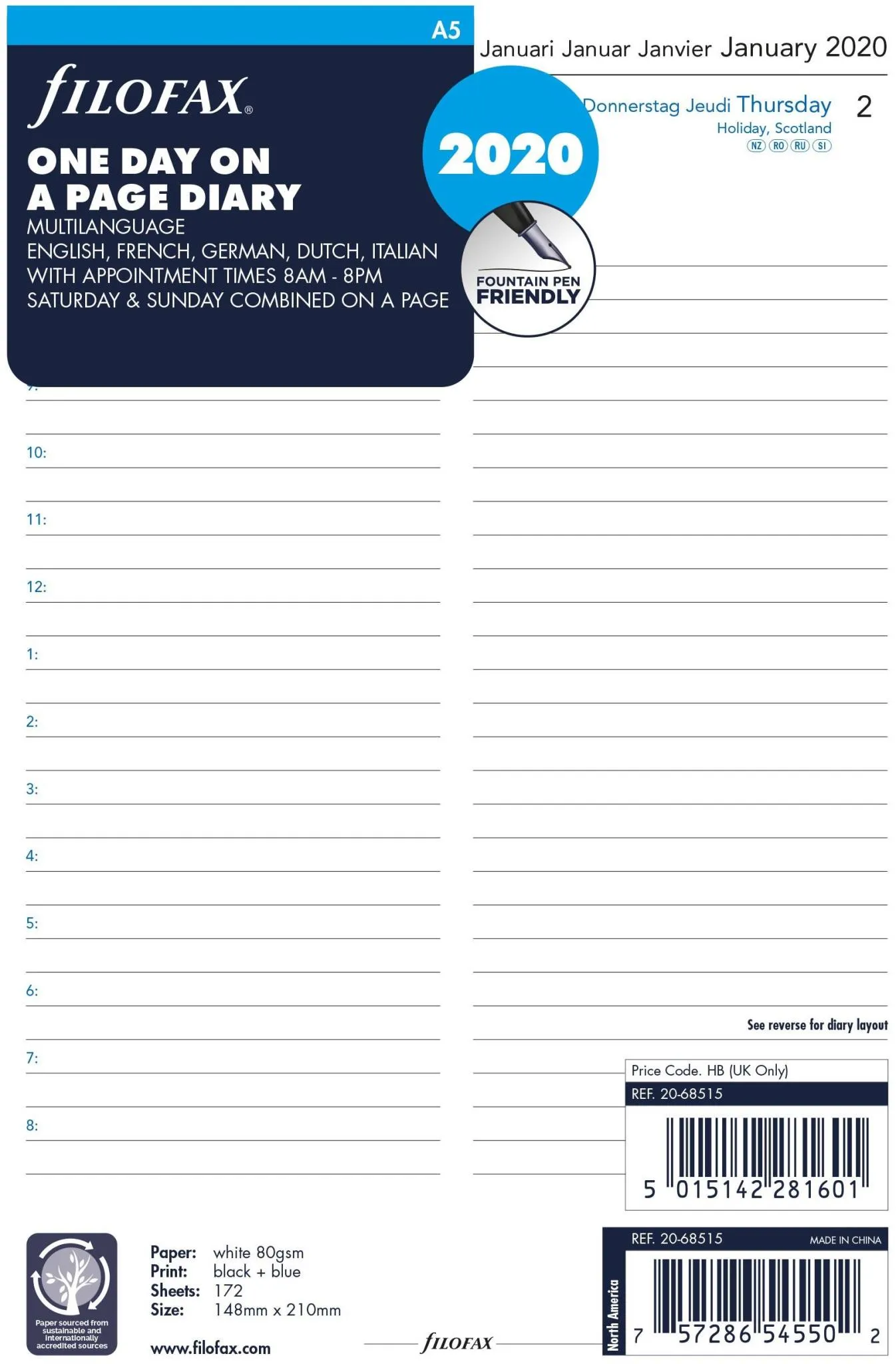 Image of Filofax One Day Per Page With Appointments, 5 Language 2020, A5