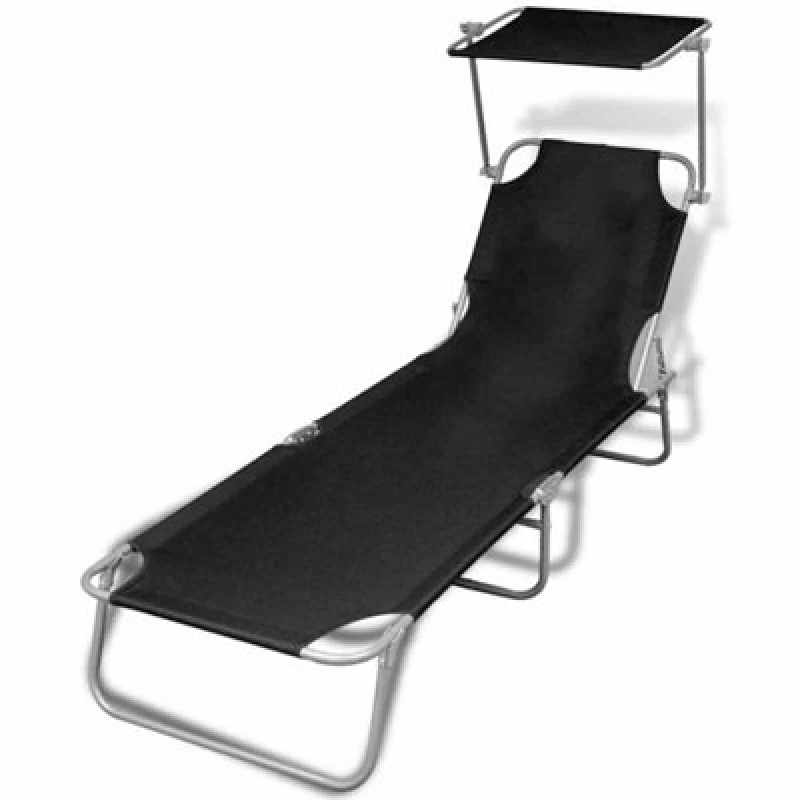 Image of vidaXL Black Outdoor Fold-Up Sun Lounger With Canopy Outdoor Foldable Garden Sunbed