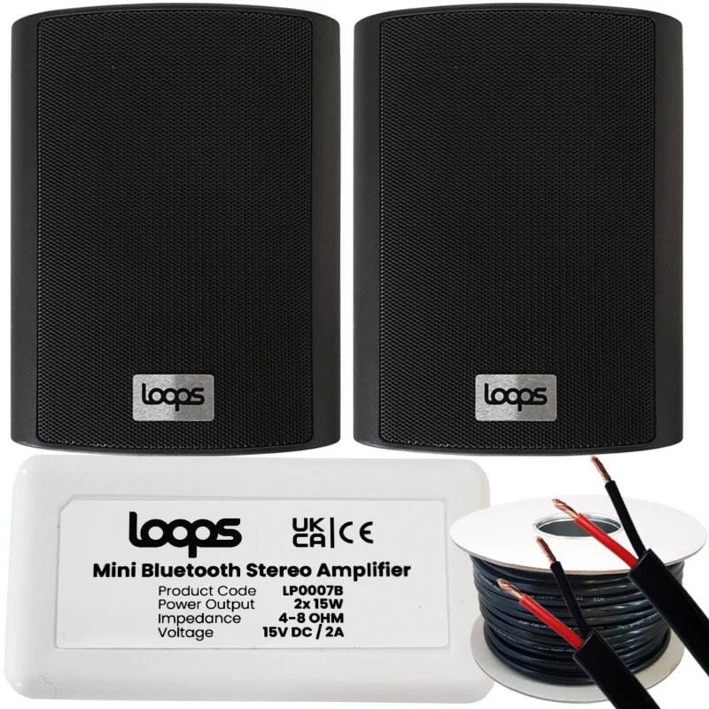 Image of Loops Garden Party BBQ Outdoor Speaker Kit Wireless Mini Stereo Amp & 2 Black Speakers Black unisex