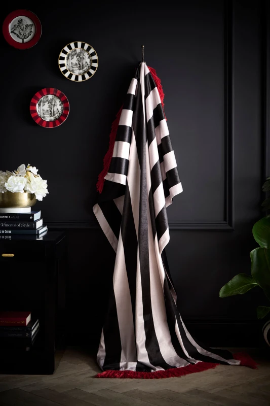 Image of Laurence Llewelyn-Bowen Laurence Llewelyn-Bowen 'Festivo Stripe' Soft Velvet Tasselled Throw in Black Size: 130cm x 180cm Black 130cm x 180cm Unisex