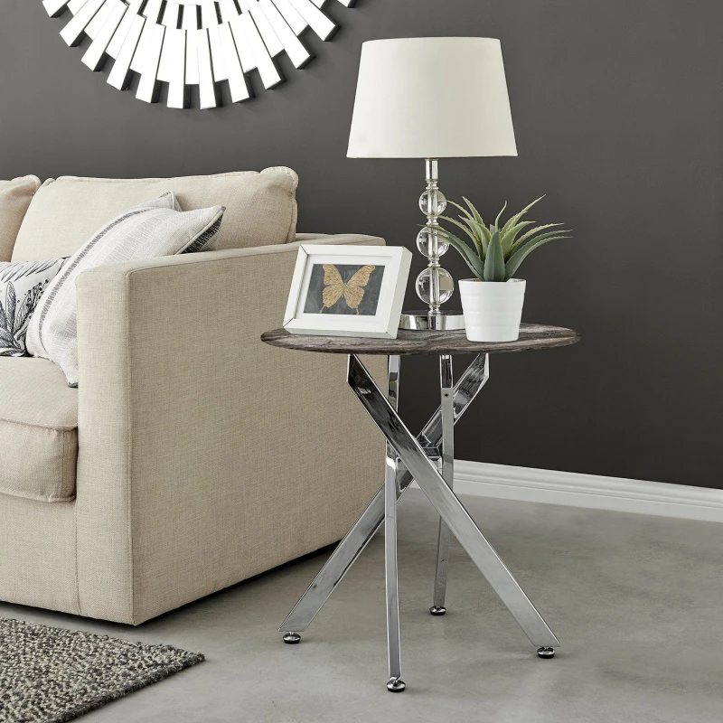 Image of FurnitureboxUK FurnitureboxUK Novara Round Marble Effect Glass Top Side Table With Silver Metal Starburst Legs in Grey Grey One Size Unisex 5056542693