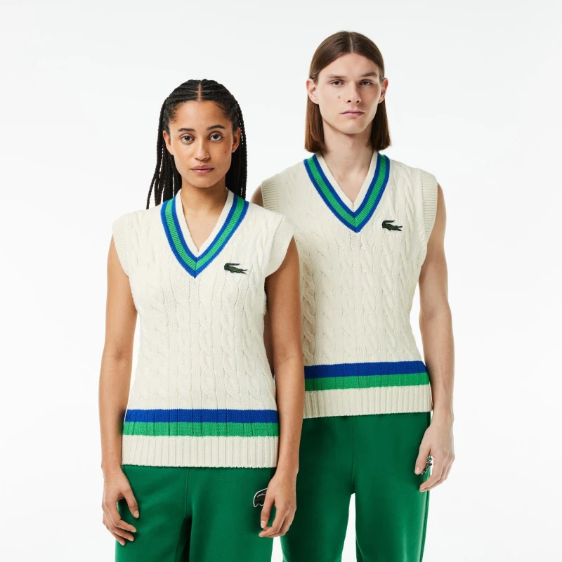 Image of Lacoste Mens V-Neck Cable Knit Sweater Vest Flour/Cobalt male S
