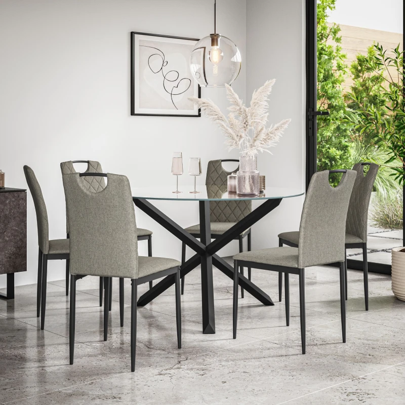 Image of More4Homes Malvern Round Dining Table And Chairs - Clear Glass Table Top W Solid Oak Black Legs + Monza Fabric Dining Chair Set Of 6 (Grey)