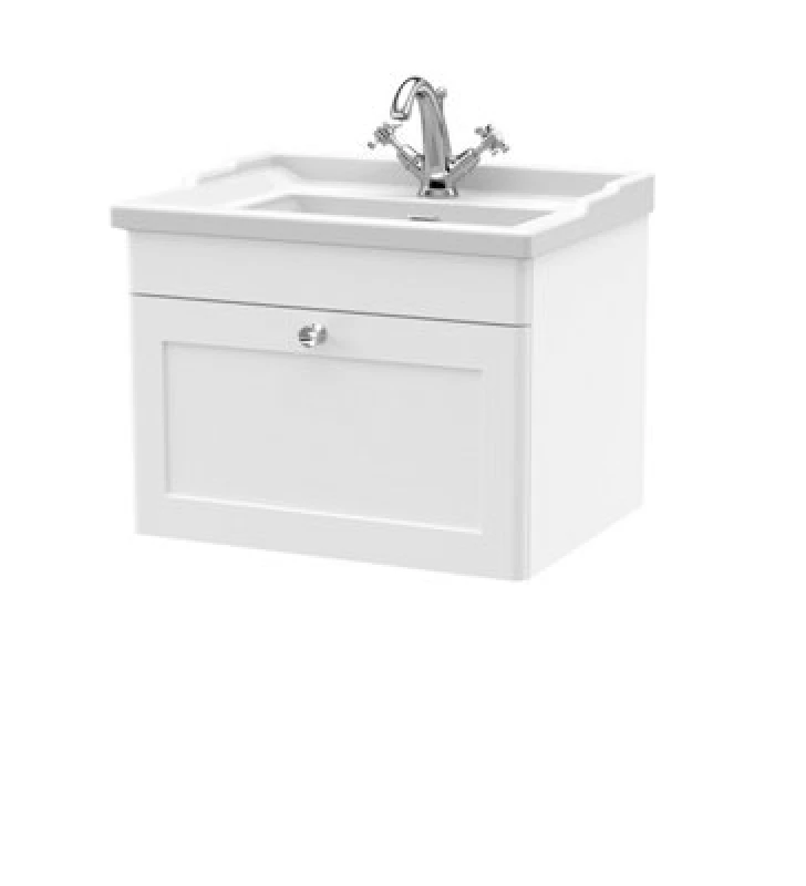 Image of Classique Wall Mounted 1 Drawer Vanity Unit with Ceramic Basin Satin White