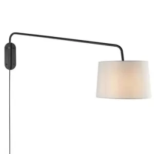 Image of Adjustable Swing Arm Wall Light Matt Black & Grey Cotton Shade Mains Plug in