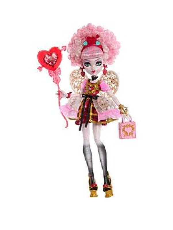 Image of Monster High Scary Sweet Birthday Doll Cupid Asteria in Pink and Red Party Dress with Themed Accessories like Invite Balloon Gift and More JBG77 R