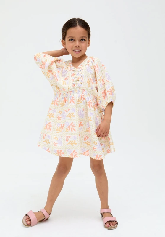 Image of Raffya Girl's Soipoi Ruched V-neck Dress In Matisse Print Size: 7 Years Multicolor Female 7 Years